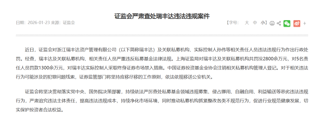 史上最重！私募瑞丰达被罚没超4100万元 实控人终身禁入