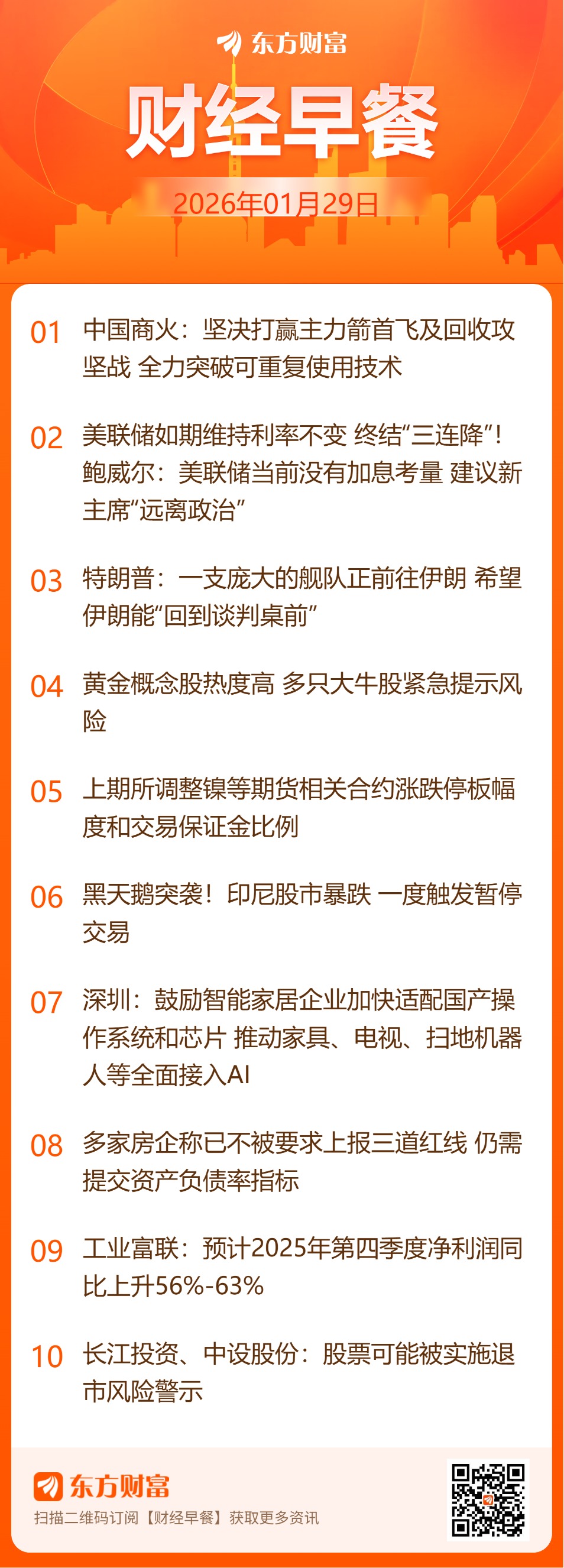 东方财富财经早餐 1月29日周四