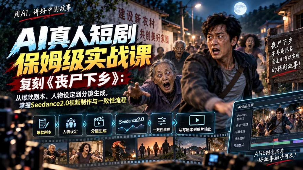 AI真人短剧保姆级实战课，复刻《丧尸下乡》：从爆款剧本、人物设定到分镜生